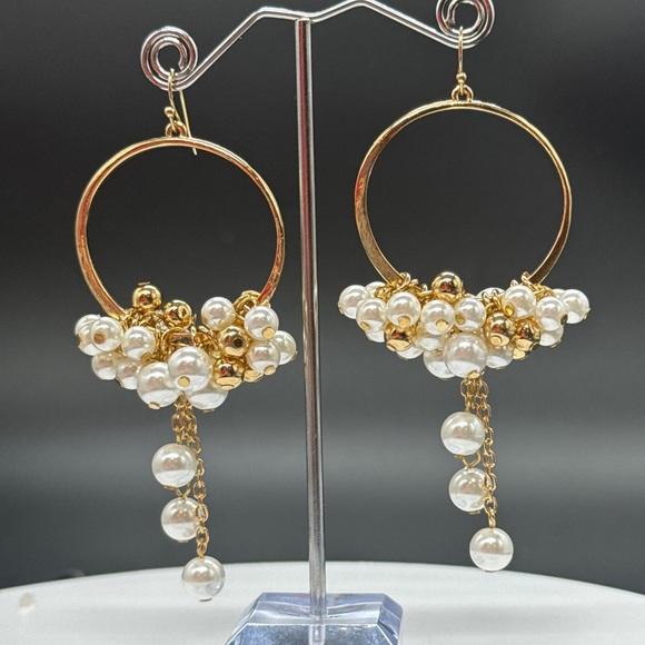 Gold Tone Dangling Hoop With White and Gold Faux Pearl Bead Earrings - Picture 2 of 4